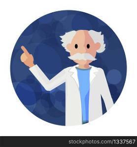 Flat Illustration Elderly Pharmacist in Bathrobe. Vector Illustration on Blue Background. Gray Haired Man in Medical Gown Indicates with Hand Direction for Development Pharmaceutical Medicine.