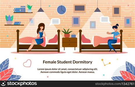 Flat Illustration Female Student Dormitory, Slide. Girls are Sitting on Their Beds in Dormitory in Evening and have Fun Talking. Dormitory Room Interior. Comfortable Accommodation.