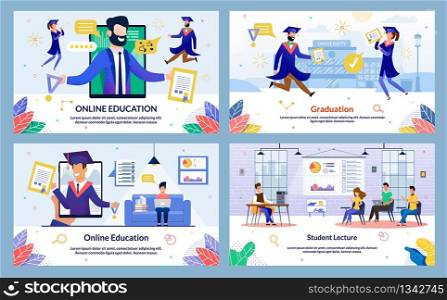 Flat Illustration Graduation, Student Lecture. Set Online Education. Students in Graduation Gowns Rejoice at Graduation. Male Lecturer Discusses Topic Lesson with Students, Cartoon.