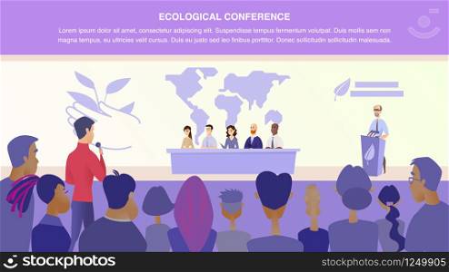 Flat Illustration Guy Asks Group Speaker Question. Banner Vector Illustration Worldwide Nature Protection Specialist. Holding an Ecological Conference. Communication with Group Journalist