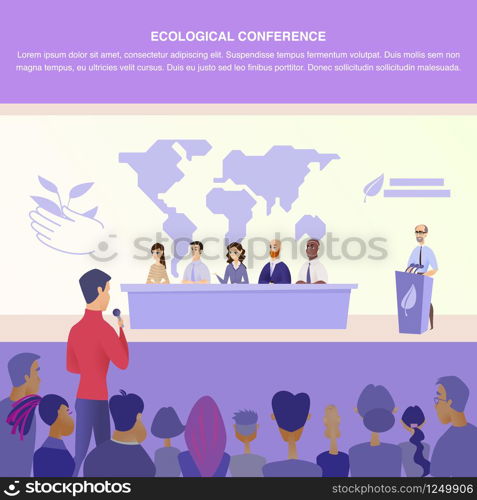 Flat Illustration Guy Asks Group Speaker Question. Banner Vector Illustration Worldwide Nature Protection Specialist. Holding an Ecological Conference. Communication with Group Journalist