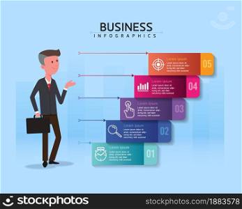 Flat illustration infographics design template, business information, presentation chart, with 5 options or steps.