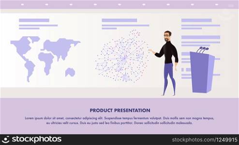 Flat Illustration Man Giving Presentation Speech. Banner Vector World Product Presentation. Conference Business Company to Preparation Product. Huge Screen and World Map Image. Stage for Speaker