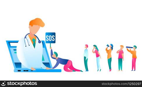 Flat Illustration Man Urgently Refer Doctor Online. Vector Image Doctor in White Medical Gown Performs Reception Patient Using Laptop. Group People Asks for Medical Care from Specialist