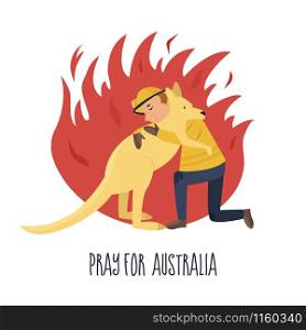 Flat illustration of a brave fire fighter rescuing kangaroo from fire. Illustration of a fire fighter rescuing kangaroo
