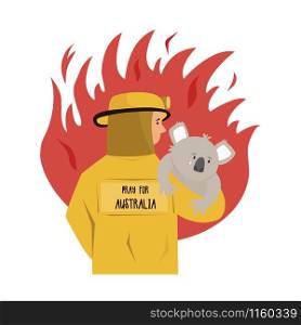 Flat illustration of a brave fire fighter rescuing koala from fire. Flat illustration of a fire fighter rescuing koala