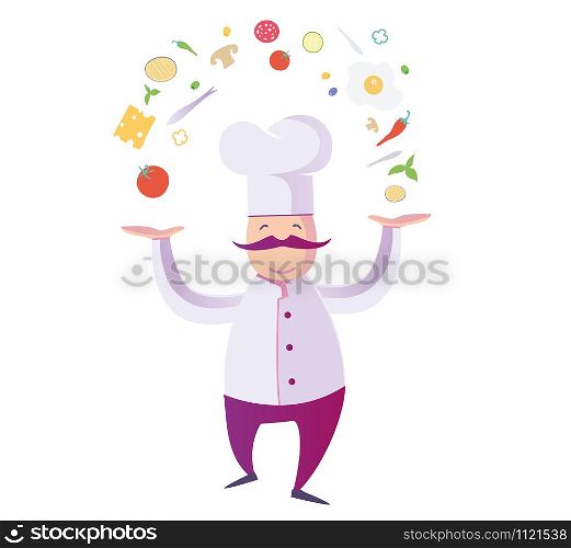 flat Illustration of a Funny Italian Chef with food icon elements