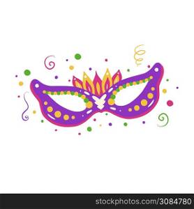 Flat illustration of a masquerade mask with confetti and ribbons. Mardi Gras celebration. Fat Tuesday. Decoration for carnival. Vector image for your creativity.. Flat illustration of a masquerade mask with confetti and ribbons. Mardi Gras celebration. Fat Tuesday. Decoration for carnival.
