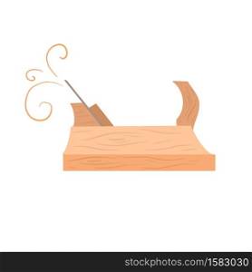 Flat illustration of a wooden carpenter plane with shavings. Old carpentry tools. Hobbies and craft. Vector cartoon object for logos, icons, banners and your creativity.. Flat illustration of a wooden carpenter plane with shavings. Old carpentry tools. Hobbies and craft. Vector cartoon object