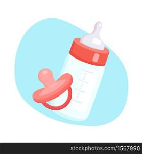 Flat illustration of baby bottle with milk and pacifier. Artificial feeding of babies. Object is separate from background. Child cartoon illustration for animation, cards, invitations. Flat illustration of baby bottle with milk and pacifier. Artificial feeding of babies. Object is separate from background. Child cartoon illustration