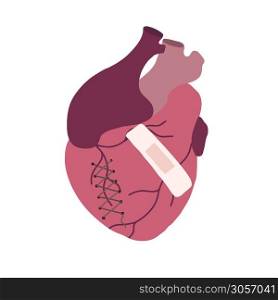 Flat illustration of ill realistic heart with seam and patch. Medical picture. Broken heart. The object is separate from the background. Vector element for articles, cards and your creativity.. Flat illustration of ill realistic heart with seam and patch. Medical picture. Broken heart. The object is separate from the background. Vector element