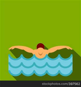 Flat illustration of man in red cap in swimming pool vector icon for web. Man in red cap in swimming pool icon, flat style
