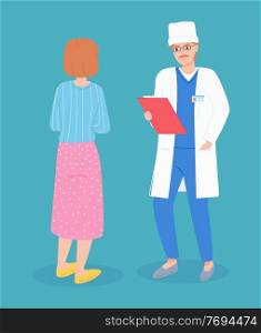 Flat illustration of medicine service. Doctor is talking to a woman patient. Medical specialist holds clipboard in his hands. The therapist announces diagnosis to the patient. Medical checkup. The therapist speaks to the patient woman. Clinical record, prescription, medical check marks report
