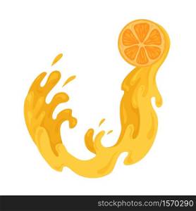 Flat illustration of pouring juicy from a orange slice. Water flow with drop. Vegetarian food. Vector element for menu, articles and your design.. Flat illustration of pouring juicy from a orange slice. Water flow with drop. Vegetarian food. Vector element