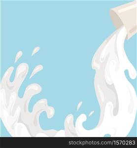 Flat illustration of pouring milk from a cup. Water flow. Vegetarian food without lactose. Vector template for menu, articles, card and your design.. Flat illustration of pouring milk from a cup. Water flow. Vegetarian food without lactose. Vector template