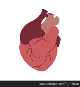 Flat illustration of realistic heart with aorta and veins. Medical picture. Original element for cards on Valentine Day. The object is separate from the background. Vector element for your creativity.. Flat illustration of realistic heart with aorta and veins. Medical picture. Original element for cards on Valentine Day. The object is separate from the background. Vector element