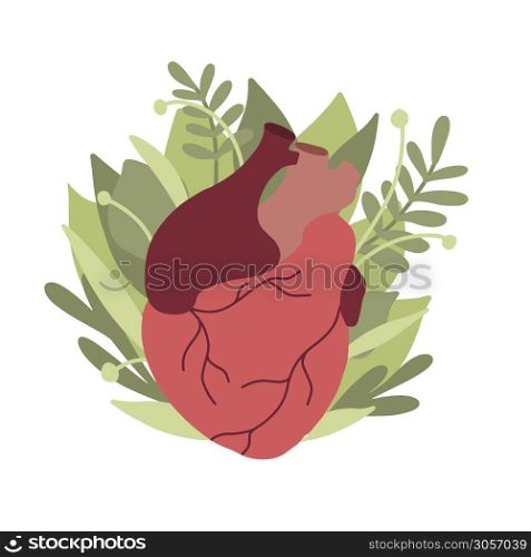Flat illustration of realistic heart with leaves. Eco picture. Original element for cards on Valentine Day. Ecological lifestyle. Vector element for card, banner and your creativity.. Flat illustration of realistic heart with leaves. Eco picture. Original element for cards on Valentine Day. Ecological lifestyle. Vector element