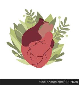 Flat illustration of realistic heart with leaves. Eco picture. Original element for cards on Valentine Day. Ecological lifestyle. Vector element for card, banner and your creativity.. Flat illustration of realistic heart with leaves. Eco picture. Original element for cards on Valentine Day. Ecological lifestyle. Vector element
