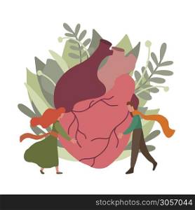 Flat illustration of realistic heart with leaves, foliage and small hugging couple. Relationship in nature. Eco card for Valentine Day. Save the earth. Vector element for your creativity. Flat illustration of realistic heart with leaves, foliage and small hugging couple. Relationship in nature. Eco card for Valentine Day. Save the earth.