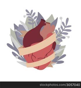 Flat illustration of realistic heart with ribbon and leaves. Eco picture. Original element for cards on Valentine Day. Ecological lifestyle. Vector element for card, banner and your creativity.. Flat illustration of realistic heart with ribbon and leaves. Eco picture. Original element for cards on Valentine Day. Ecological lifestyle. Vector element