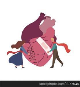 Flat illustration of realistic heart with small hugging couple. Caring for a broken heart .Crisis in relationship. Vector element for Valentine card, banner and your creativity. Flat illustration of realistic heart with small hugging couple. Caring for a broken heart .Crisis in relationship. Vector element