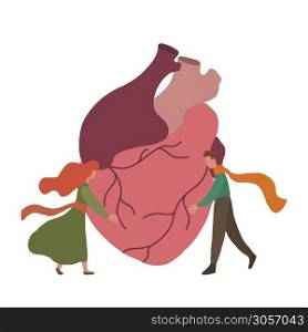 Flat illustration of realistic heart with small hugging couple. Relationship. Original element for card on Valentine Day. The object is separate from the background. Vector element for your creativity. Flat illustration of realistic heart with small hugging couple. Relationship. Original element for card on Valentine Day. The object is separate from the background. Vector element