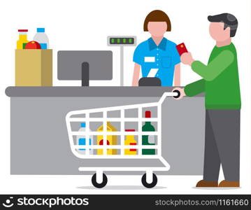 flat illustration of shopping man in food supermarket. shopping food supermarket