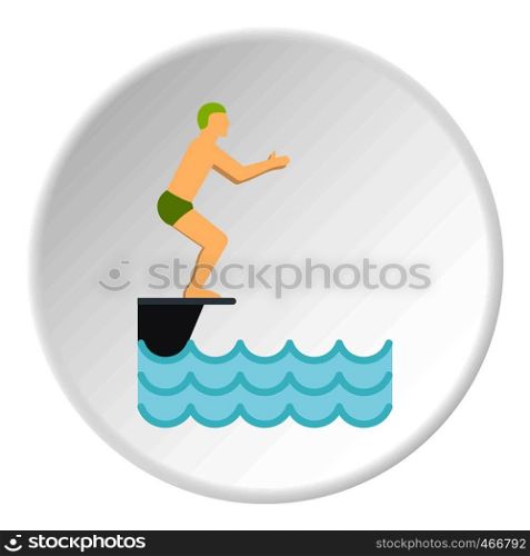 Flat illustration of standing on springboard, preparing to dive vector icon in flat circle isolated vector illustration for web. Man standing on springboard preparing to dive icon