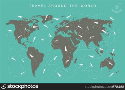 Flat illustration of travel around the world. World map background with paper planes.. Travel around the world