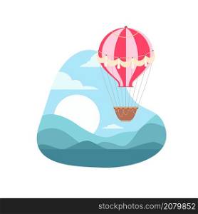Flat illustration of vintage hot air balloon in the sky, sunrise and hills. Cartoon aerostat with ribbon. Vector image of balloon with baskets for stickers and postcards.. Flat illustration of vintage hot air balloon in the sky, sunrise and hills. Cartoon aerostat with ribbon. Vector image