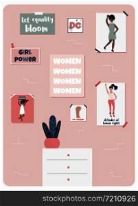 Flat illustration of wall with posters supporting women&rsquo;s rights.. Concept poster with set of placards for women&rsquo;s rights