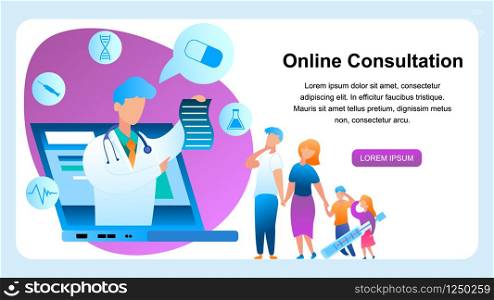 Flat Illustration Online Consultation with Doctor. Banner Vector Family with Sick Child. Consultation with Specialist Using Laptop. Pediatrician Writes Prescription for Treating Disease Monitor Screen