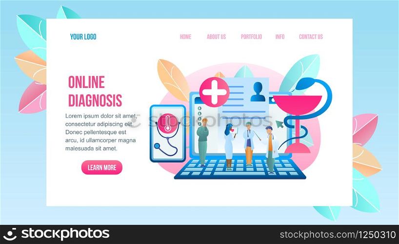 Flat Illustration Online Diagnosis Disease Patient. Horizontal Banner Vector Group Doctor Stands on Laptop Studying Patient Medical Card. Use Gadget Communicate with Patient. Modern Healthcare System