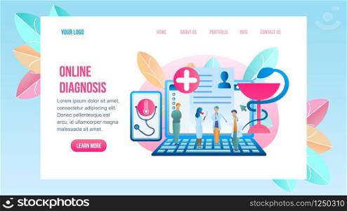 Flat Illustration Online Diagnosis Disease Patient. Horizontal Banner Vector Group Doctor Stands on Laptop Studying Patient Medical Card. Use Gadget Communicate with Patient. Modern Healthcare System