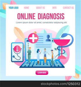 Flat Illustration Online Diagnosis Disease Patient. Square Banner Vector Group Doctor Stands on Laptop Studying Patient Medical Card. Use Gadget to Communicate with Patient. Modern Healthcare System