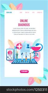 Flat Illustration Online Diagnosis Disease Patient. Vertical Banner Vector Group Doctor Stands on Laptop Studying Patient Medical Card. Use Gadget to Communicate with Patient. Modern Healthcare System