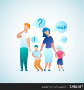 Flat Illustration Parent Appeal for Help Doctor. Vector Image Man and Woman Think who to Contact with Problem Abdominal Pain in Child. Little Boy and Girl Hold on to Stomach in Pain