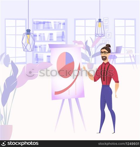 Flat Illustration Presentation Report Growth Graph. Vector Image Young Bearded Guy in Glasses Standing Near Whiteboard with Growth Figures. Located in Interior Modern Office Company