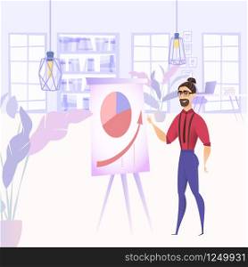 Flat Illustration Presentation Report Growth Graph. Vector Image Young Bearded Guy in Glasses Standing Near Whiteboard with Growth Figures. Located in Interior Modern Office Company