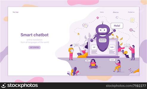 Flat Illustration Smart Chatbot Welcomes Customer. Technical Online Service Support. Chat with Customer Help Service. Group People Uses Laptop to Communicate with Company. Robot Located on Monitor