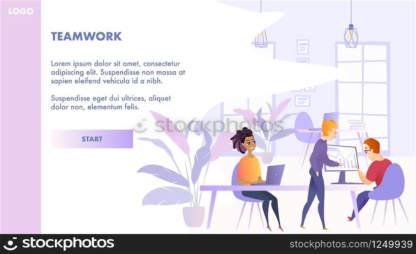 Flat Illustration Teamwork Group People in Office. Horizontal Banner Vector Young Girl Sitting at Table Using Laptop for Work. Two Guy are Studying Graph an Economic Indicator on Computer Monitor.