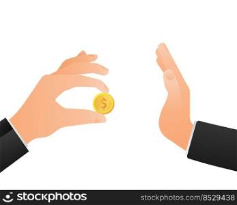 Flat illustration with corruption hand with coin. Flat icon. Business vector icon.. Flat illustration with corruption hand with coin. Flat icon. Business vector icon