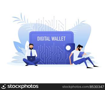 Flat illustration with digital wallet people.Bitcoin currency.. Flat illustration with digital wallet people.Bitcoin currency