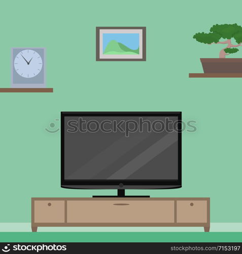 Flat Illustration with furniture. TV, bollard, clock, flower, picture.