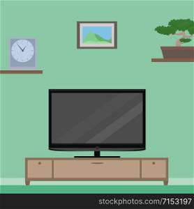 Flat Illustration with furniture. TV, bollard, clock, flower, picture.
