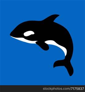 Flat illustration with grampus on a blue background. Vector killer whale for your design.. Flat ilustration with grampus on a blue background.