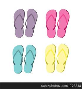 Flat illustration with yellow, pink, green and purple flip flops set on white background. Summer style. Vector pattern. Top view.. flip flops set on white background