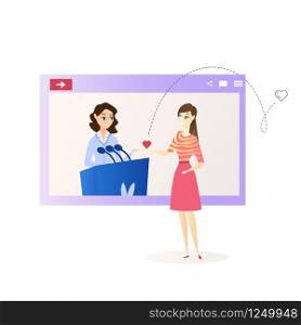 Flat Illustration Young Girl Watching Video Idol. Vector Image Screen Monitor Playback Video Lecture Speaker Woman. Happy Girl Hold out Heart her Hand as Sign Their Feeling. Isolated White Background