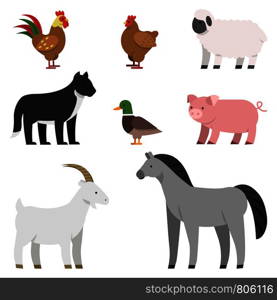 Flat illustrations of farm animals. Vector set of farm animal, pig and chicken, duck and rooster. Flat illustrations of farm animals