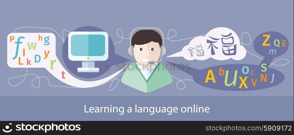 Flat image of teaching foreign languages on the internet online assistant on your computer. Image of Teaching Foreign Languages